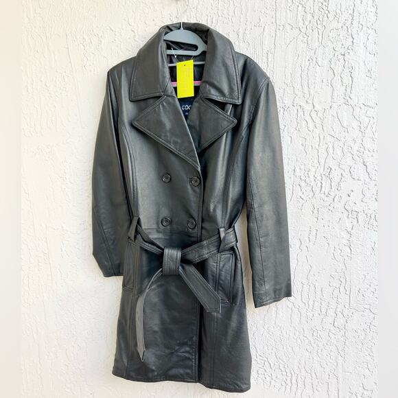 Cooper collection black leather coat trench blazer large lapels medium women